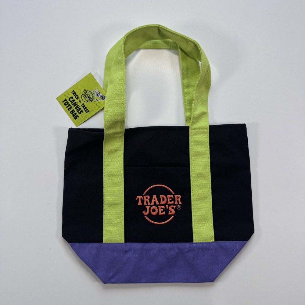 New TRADER JOES Mini Canvas Tote Bag PurpleBlackGreen Limited Edition Halloween